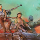 Far Cry 6 protagonists sit on a tank while red smoke rises around them.